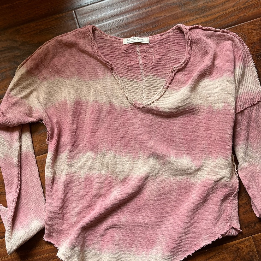 We The Free Pink and Cream Relaxed Long Sleeve Sweater
